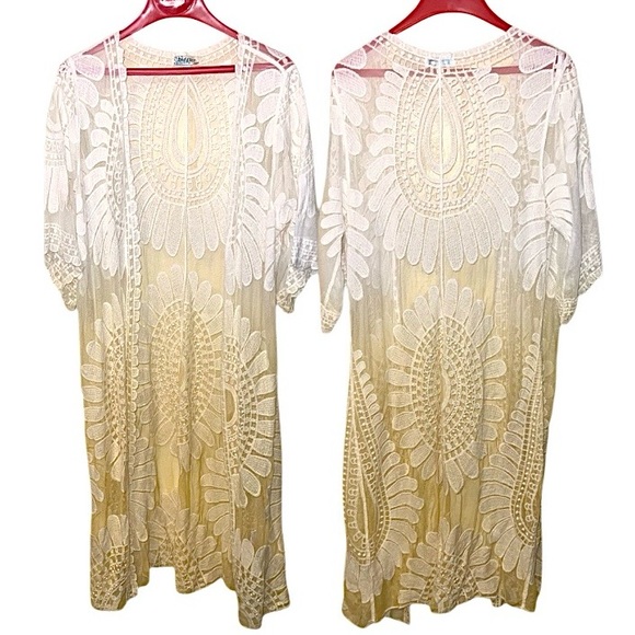 Rebellion Again White Yellow Sheer Lace Ombre Flowy Boho Kimono Duster Size L - Picture 2 of 11